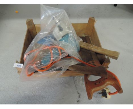 A box of vintage and later tools including electric drill