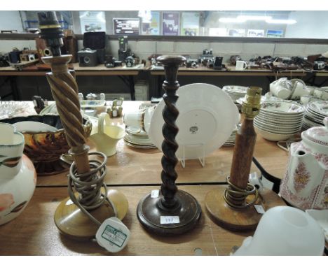 A selection of vintage treen turned wooden lamp bases