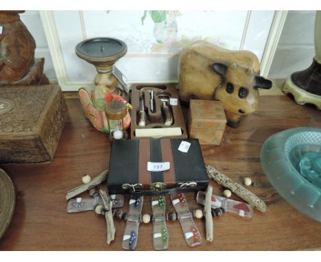 A selection of vintage and new decoarative items including happy cow and chicken figure
