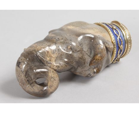 A SUPERB "FABERGE" CARVED HARDSTONE ELEPHANT HEAD SNUFF BOX with diamond eyes, gold, blue enamel, seed pearls and diamonds. F