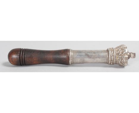A TIPSTAFF with wooden handle and plated CROWN.  7ins long.