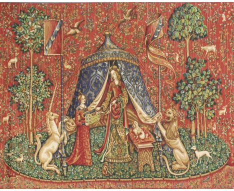 A GOOD FRENCH NEEDLEWORK TAPESTRY, Queen, Unicorn and Lion. 5ft 5ins x 4ft 4ins.