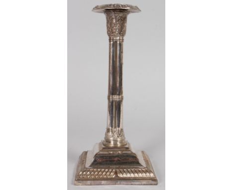 AN OLD SHEFFIELD PLATE CLUSTER COLUMN CANDLESTICK on square base. 10ins high.