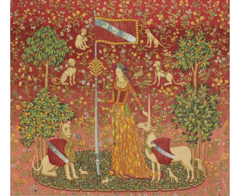 A GOOD FRENCH NEEDLEWORK TAPESTRY, Queen, Unicorn and Lion. 4ft 4ins x 4ft 5ins.