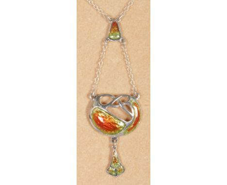 A SILVER AND ENAMEL ART NOUVEAU PENDANT AND CHAIN.