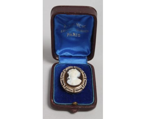 A SUPERB VICTORIAN CAMEO AND DIAMOND SET PORTRAIT BROOCH by A. HENCK, PARIS, in original box.
