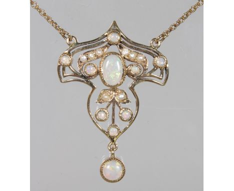 A 9ct YELLOW GOLD OPAL AND PEARL PENDANT on a chain.