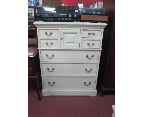 YP Furniture Ltd, white painted chest of drawers, with four small drawers, central hinged cupboard door, three long drawers a