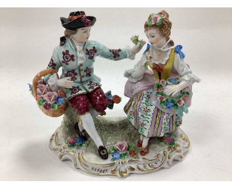 XX Century Sitzendorf Porcelain Figure Group, of seated man and woman in classical dress, 14cm high