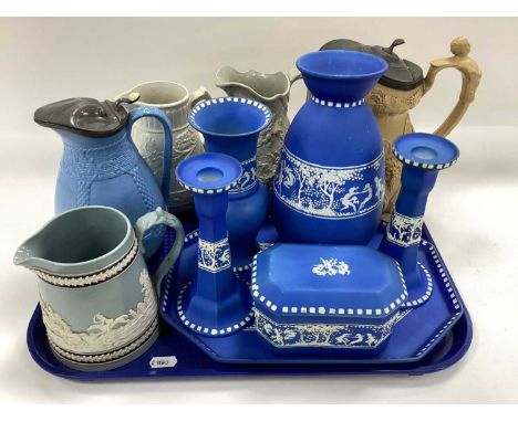 Tams Jasperware Trinket Set, vase, Copeland hunting scene embossed jug, other XIX Century relief moulded jugs:- One Tray.Cand