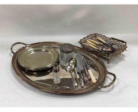 E.P.N.S Oval Plated with gadrooned edge, plated and pierced basket, cutlery, etc.