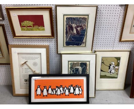 Phil Shaw 'Penguin Island', limited edition colour print of 45, pencil signed, 16 x 42cm. Kate Thornton 'Chiddingly Boar' sig