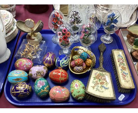 Franklin Mint Ceramic Eggs (x 10), 6.5cm high, nine smaller in basket, six glass capsuled, et:- One Tray.