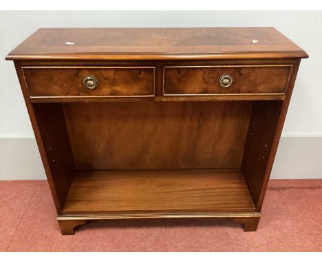 Two Drawer Side Table, with walnut and herringbone effect top, 79cm wide.