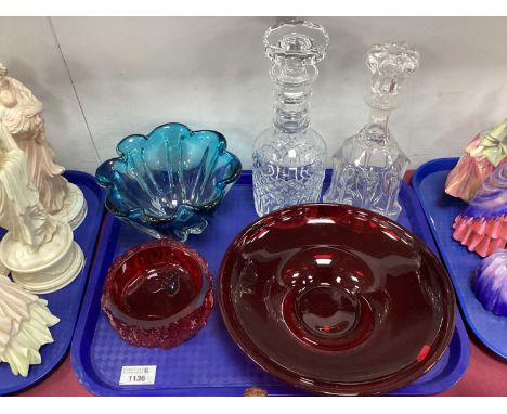 Whitefriars Style Ruby Glass Dish, 26cm diameter, bark effect ashtray. Two decanters, blue glass bowl:- One Tray.