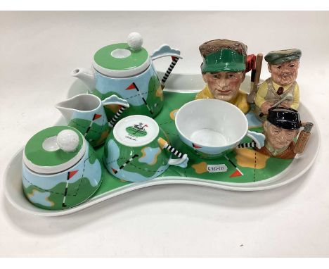 Karlovarsky Studio Porcelain Thun Golfing Themed Tea Set, of six pieces. Three Doulton character/toby jugs.Good condition