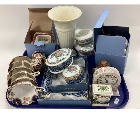 Wedgwood 'Blue Elephant', 'Sarah's Garden' Ceramics, Royal Albert 'Isabell' cups etc:- One Tray. Mason's 'Chartreuse' clock.f