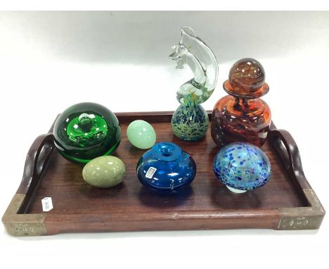 Mdina Amber Glass Scent Bottle, 14.5cm high, seahorse and blue spill vase, mushroom and green glass examples, mineral eggs, C