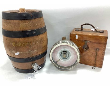 A Stowells of Chelsea Cadoza Sherry oak cased barrel with tap together with a Pigeon racing clock timer No. 30544 in case. (2