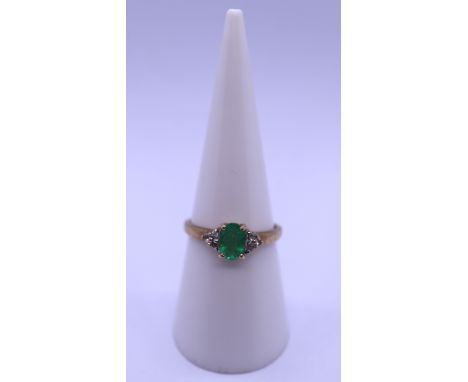 9ct gold emerald &amp; diamond set ring - Size M 