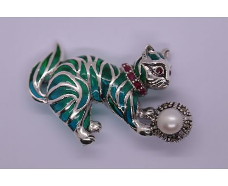 Silver enamel, ruby &amp; pearl set cat brooch 