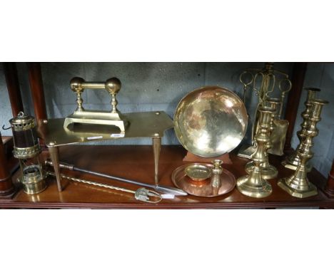 Good collection of brassware to include miners lamp 