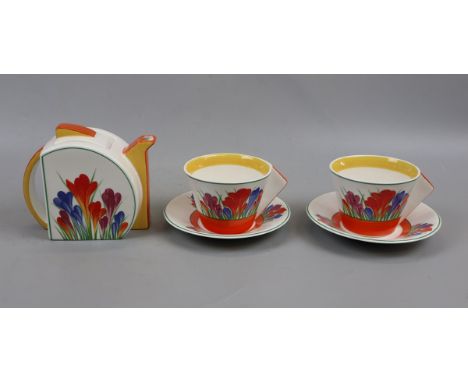 Wedgwood Clarice Cliff design Tea for Two Crocus teapot together with 2 cups and saucers 