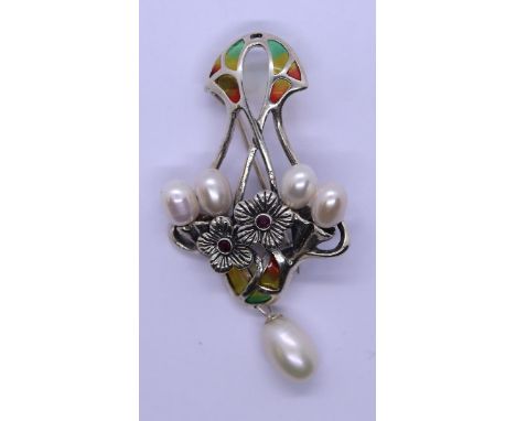 Silver enamel, pearl &amp; stone set brooch 