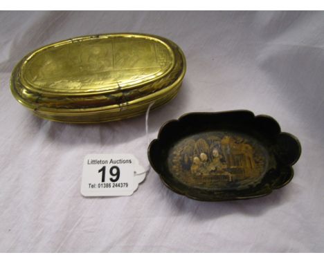 Early brass tobacco box engraved with Highway man scene & small Oriental trinket tray