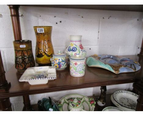 Shelf of china to include Poole & Galleon plaque