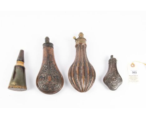 A small embossed copper powder flask "Panel" (R463 with common top), 4½" overall, the spring seized; a gun size embossed copp