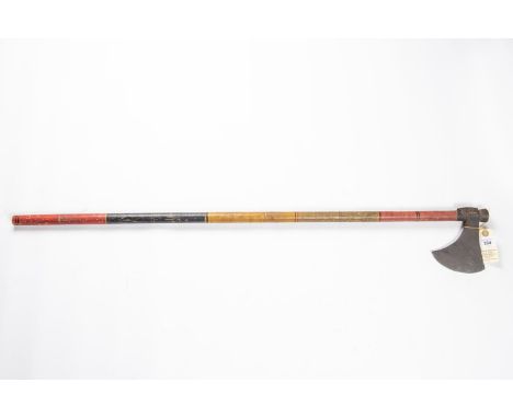 A 19th century central Indian axe, semi crescent head 5½", on its 39½" wooden haft with red, yellow and black painted bands. 