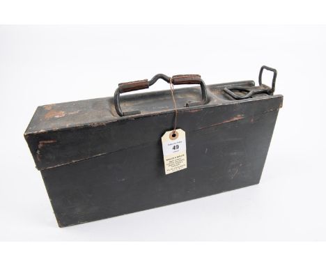 A Third Reich ammunition box complete with linked belt of 100 rounds, lid has Waffenamt mark, rounds are deactivated. GC  £12