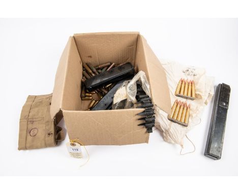 3 T.S.M.G stick magazines, approx 40 deactivated 45 rounds, 2 Garand clips, 2 clips of dummy Mauser rounds in a packet; a bag