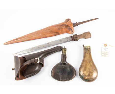 The blade of a Tibetan knife, 12", the wooden hilt lacking most of its mounts; a Malay iron spearhead (heavily corroded), in 