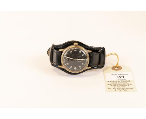 Berg wristwatch. Plated case, brushed finish, considerable wear to plating, 35mm without crown. Fixed bars. Snap caseback, no