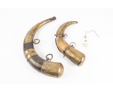 Two Moroccan tourist quality brass mounted horn powder flasks, 11" an 14" overall. GC (some damage to the first). (2)  £30-40