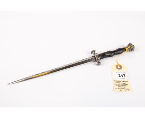 A 19th century copy of a 17th century stiletto, blade 7½" of shallow diamond section, short quillons with button finials, a w
