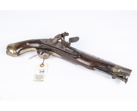 A .65" New Land Pattern flintlock holster pistol, 15" overall, barrel 9" with worn ordnance proofs; the lock bearing crown ov