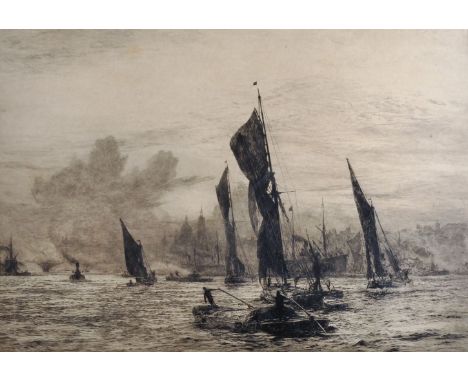 W. L. Wyllie (1851-1931) British. 'Barges On the Thames, London Bridge and St. Paul's Cathedral', Etching, Signed in Pencil, 