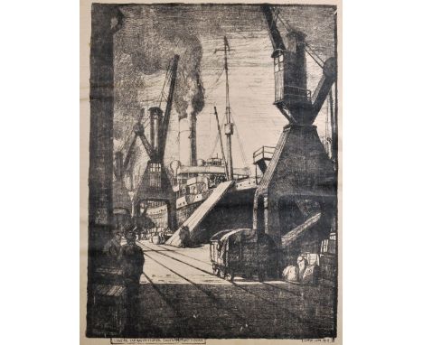 Leslie Moffat Ward (1888-1978) British. "Liners Taking In Stores - Southampton Docks (June 1913)", Print, Unframed, 18.75" x 