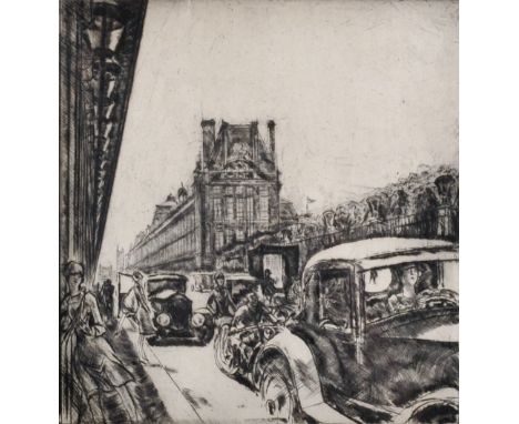 Henri Farge (1884-1970) French. A Parisian Street Scene with Figures in Cars, Etching, Signed, 7.25" x 6.75".