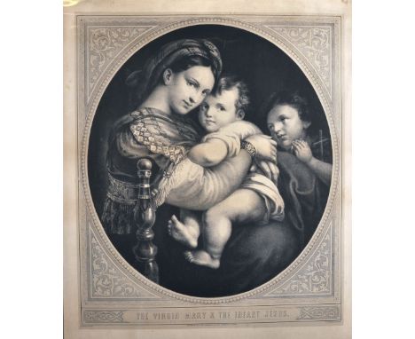 After Raphael (1483-1520) Italian. "Madonna Della Sedia", Print, Oval, 18" x 17".