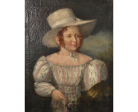 Nineteenth Century American School. Portrait of a Girl, wearing a green and pink striped dress, Oil on Canvas, 25" x 19.75".