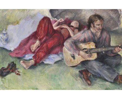 20TH Century European School. A Man playing guitar while a lady sleeps, Oil on Canvas, Indistinctly Signed, 27" x 40".