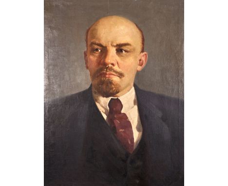 20th Century Russian School. A Bust Portrait of Lenin, Oil on Canvas, Unframed, 31" x 23".