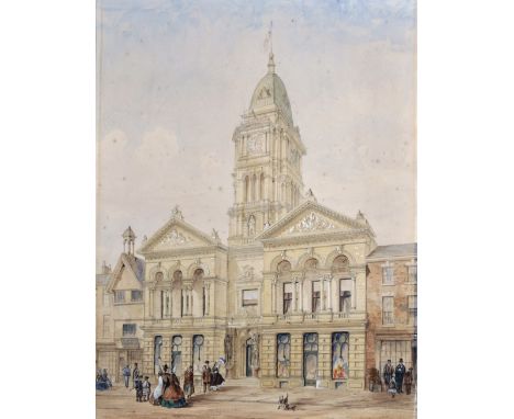 19th Century English School. An Architectural Design, with Figures and Dogs in the foreground, Watercolour and Pencil, Unfram