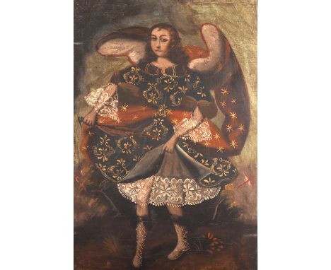 19th Century Cusco School. A Full Length Portrait of a Girl in Costume, Oil on Canvas, Unframed, 32.75" x 22".