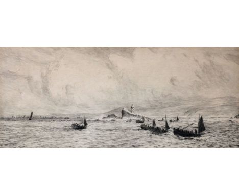 William Lionel Wyllie (1851-1931) British. "Godrevy Lighthouse, St Ives, Cornwall", Etching, Signed in Pencil, 6.25" x 14.75"