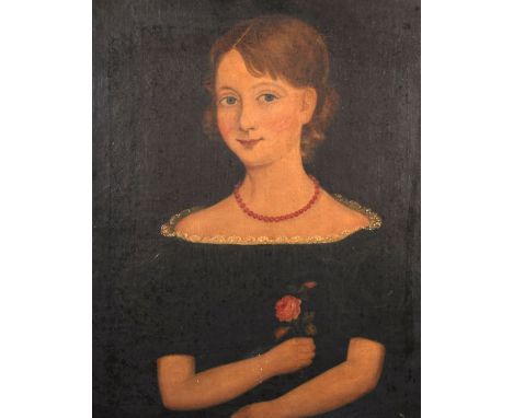 Possibly American Naive School. Bust Length Portrait of a Girl Holding a Rose, Oil on Canvas, 21" x 17".